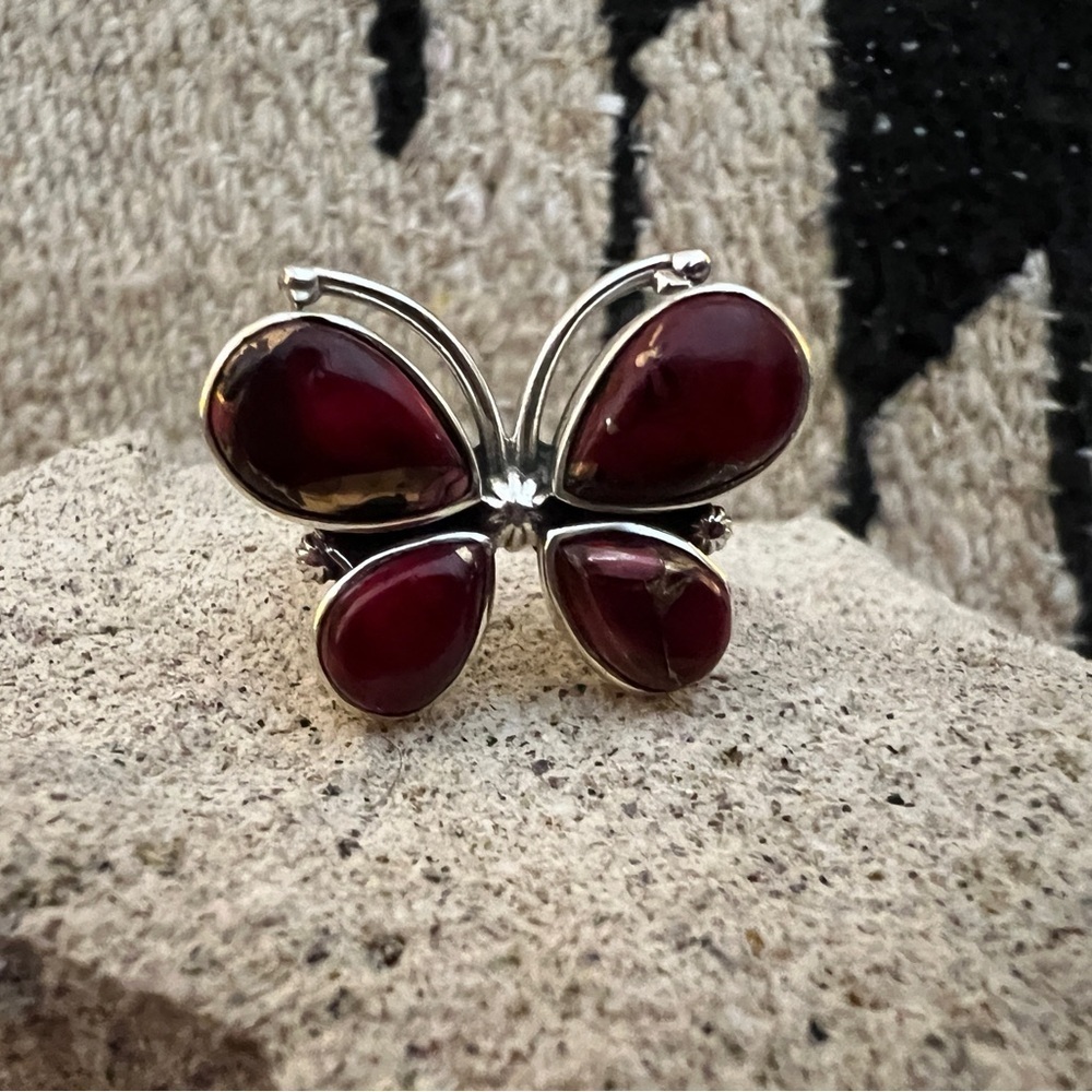 ❤️ Red Dahlia Kingman Turquoise 925 Butterfly Ring Southwestern Style Size 6.5